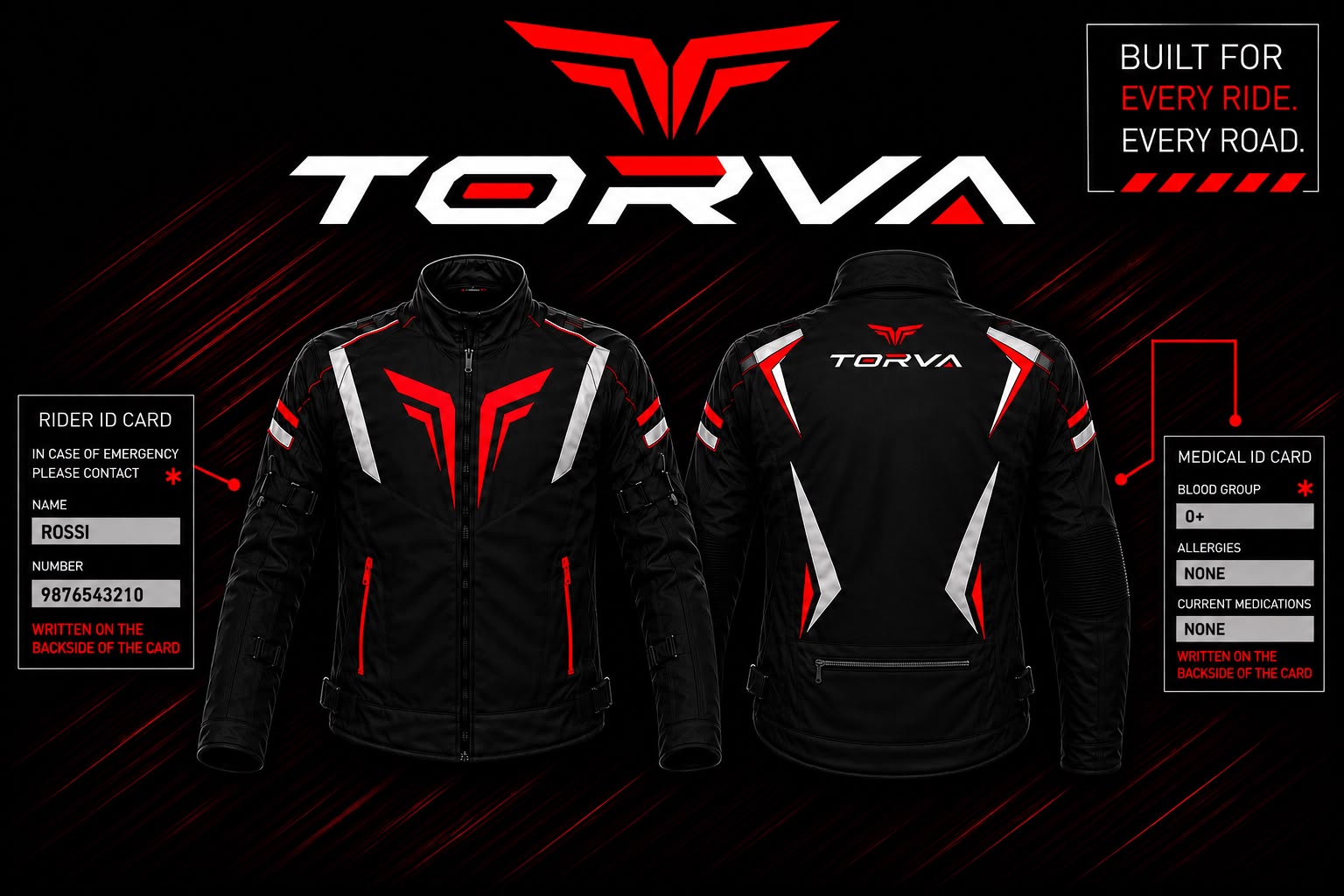 TORVA jacket front and back with Rider ID and Medical ID